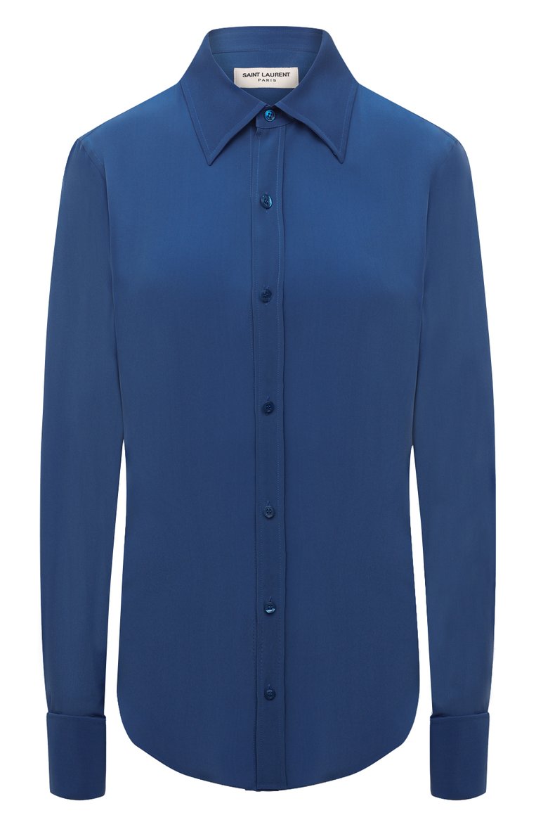 Женская шелковая рубашка SAINT LAURENT синего цвета, арт. 690774/Y100W | Фото 1 (Материал внешний: Шелк; Рукава: Длинные; Длина (для топов): Стандартные; Женское Кросс-КТ: Рубашка-одежда; Принт: Без принта; Стили: Кэжуэл, Классический)