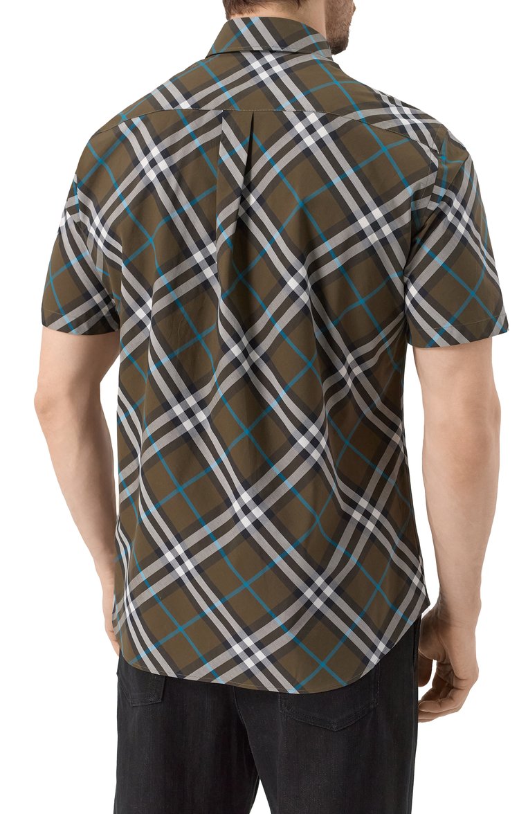 Мужская хлопковая рубашка BURBERRY хаки цвета, арт. 8099224 | Фото 4 (Рукава: Короткие; Материал сплава: Проставлено; Драгоценные камни: Проставлено; Длина (для топов): Стандартные; Воротник: Кент; Принт: Клетка; Стили: Кэжуэл; Случай: Повседневный; Материал внешний: Хлопок)
