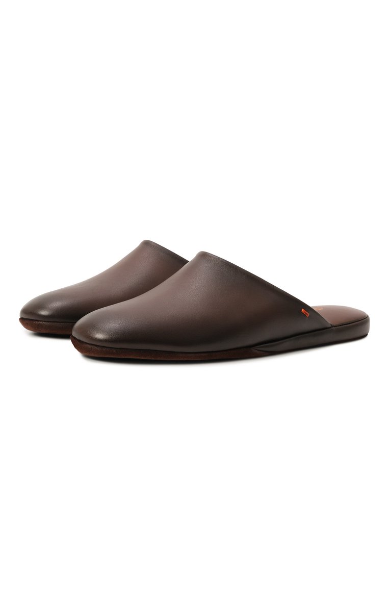 Мужские кожаные домашние туфли SANTONI темно-коричневого цвета, арт. PMXGA1644XXX1CLB | Фото 1 (Нос: Не проставлено; Материал внешний: Натуральная кожа; Материал внутренний: Натуральная кожа; Мужское Кросс-КТ: тапочки-обувь; Автоматизация состава: Проставлено)