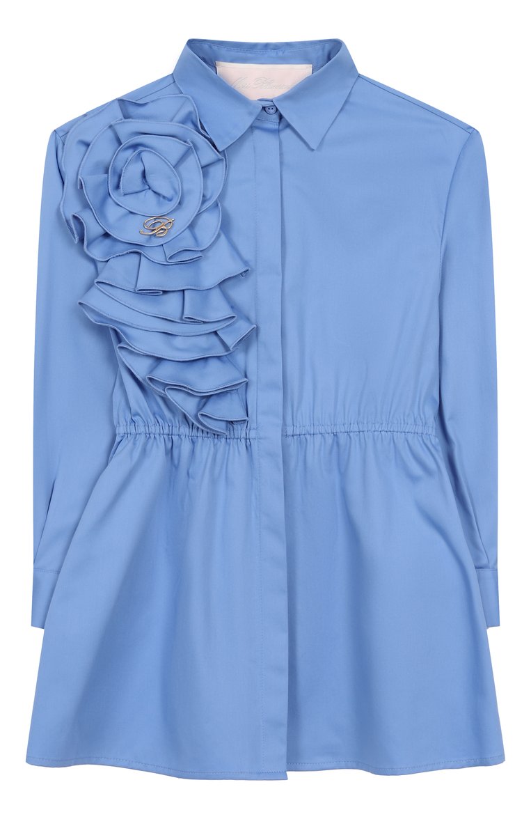 Детское хлопковое платье BLUMARINE голубого цвета, арт. BFAB015.0.RA009/6A-12A | Фото 1 (Рукава: Длинные; Материал внешний: Хлопок; Девочки Кросс-КТ: Платье-одежда; Случай: Формальный; Автоматизация состава: Проставлено; Автоматизация ТО: Проставлено; Ростовка одежда: 6 лет | 116 см, 8 лет | 128 см, 10 - 11 лет | 140 - 146см, 12 лет | 152 см)