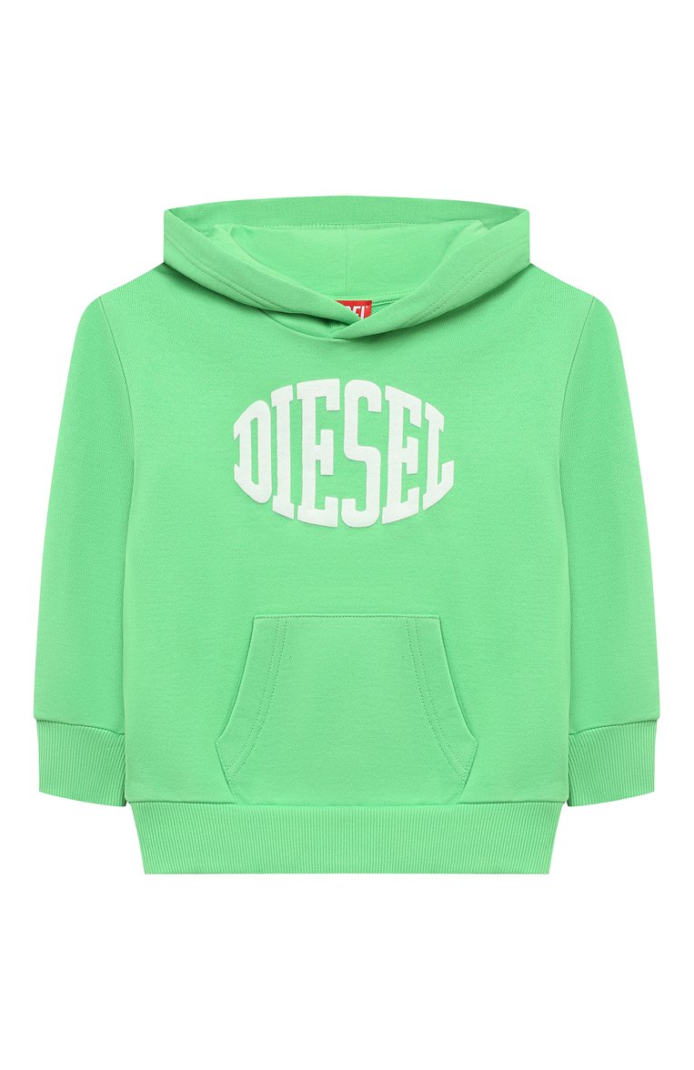 Детский хлопковое худи DIESEL светло-зеленого цвета, арт. J01775/KYAXZ | Фото 1 (Рукава: Длинные; Мальчики Кросс-КТ: Худи-одежда; Материал сплава: Проставлено; Материал внешний: Хлопок; Драгоценные ка�мни: Проставлено)