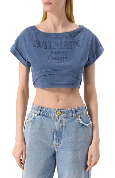 Хлопковая футболка BALMAIN синего цвета по цене 56100 руб., арт. EF1EE121/BC96, фото 3 Хлопковая футболка BALMAIN, арт. EF1EE121/BC96, фото 3