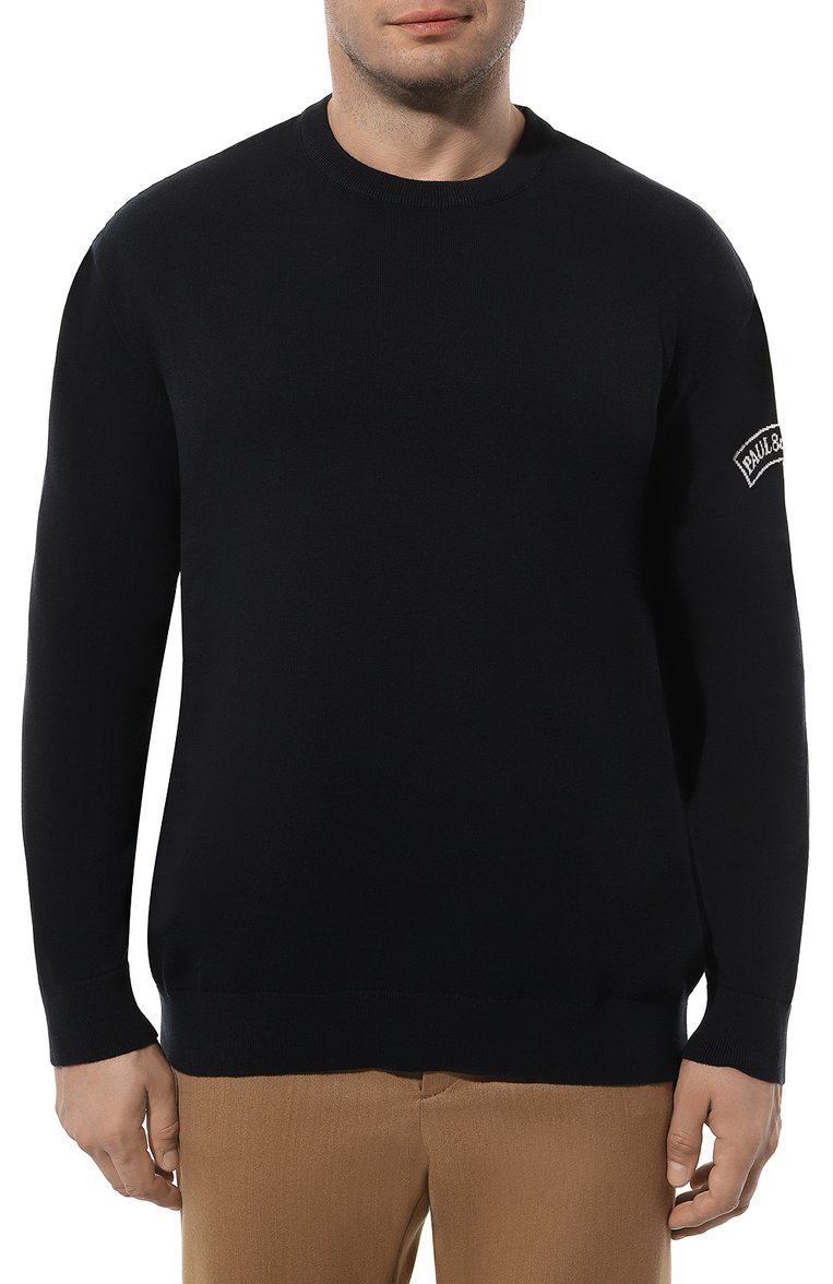 Мужской хлопковый джемпер PAUL&SHARK темно-синего цвета, арт. 24411556/3XL-6XL | Фото 3 (Рукава: Длинные; Материал внешний: Хлопок; Длина (для топов): Стандартные; Вырез: Круглый; Мужское Кросс-КТ: Джемперы; Стили: Кэжуэл; Принт: Без принта; Детали: Без декора; Автоматизация состава: Проставлено; Автоматизация ТО: Проставлено)