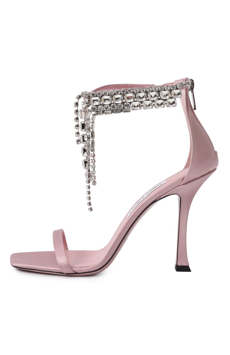 Женские текстильные босоножки verity 100 JIMMY CHOO розового цвета, арт. VERITY SANDAL 100/SAT | Фото 4 (Материал внешний: Текстиль; Подошва: Плоская; Драгоценные камни: Проставлено; Материал внутренний: Натуральная кожа; Каблук высота: Высокий; Материал сплава: Проставлено; Каблук тип: Шпилька)