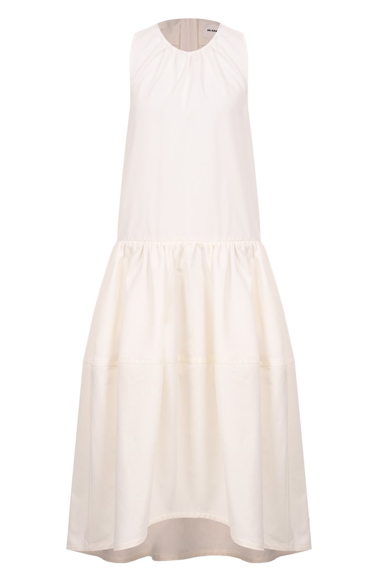 Женское платье из хлопка и шелка JIL SANDER молочного цвета, арт. J02CT0452-J45266 | Фото 1 (Длина Ж (юбки, платья, шорты): Миди; Материал внешний: Хлопок; Рукава: Без рукавов; Женское Кросс-КТ: Платье-одежда; Стили: Кэжуэл; Случай: Повседневный; Автоматизация состава: Проставлено; Автоматизация ТО: Проставлено)