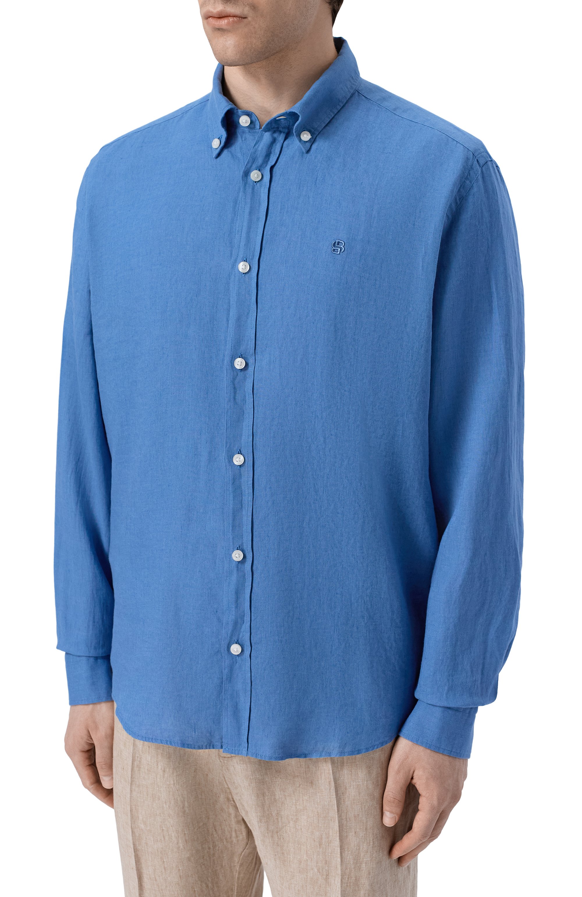 Льняная рубашка BOSS голубого цвета по цене 19950 руб., арт. 50556077, фото 3 Льняная рубашка BOSS, арт. 50556077, фото 3