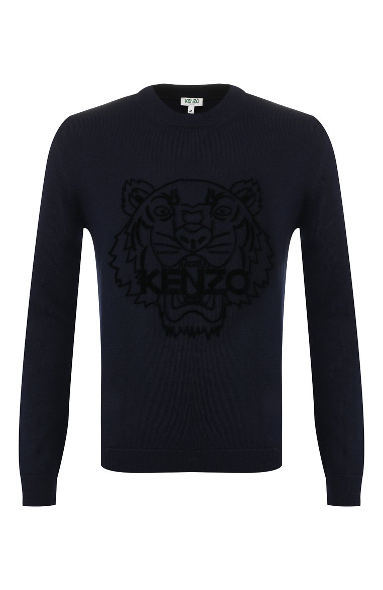 Мужской шерстяной джемпер KENZO темно-синего цвета, арт. F965PU2133XB | Фото 1 (Материал внешний: Шерсть; Мужское Кросс-КТ: Джемперы; Рукава: Длинные; Длина (для топов): Стандартные; Статус проверки: Проверено, Проверена категория; Принт: Без принта; Вырез: Круглый; Стили: Кэжуэл)