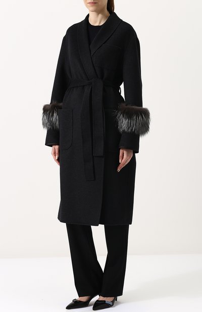 Шерстяное пальто с поясом и меховой отделкой рукавов PRADA, арт. P601HP-1P7P-F0542, фото 3