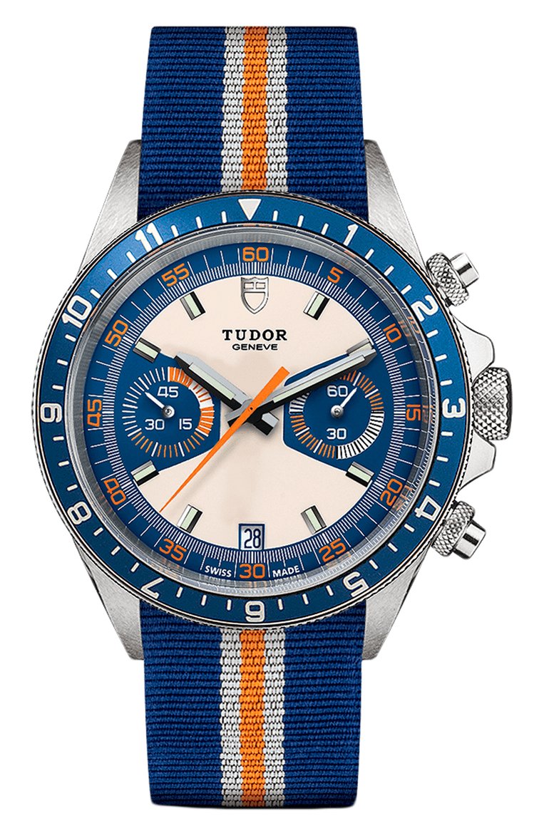 Мужские часы chrono blue TUDOR бесцветного цвета, арт. 70330B/BLUE FABRIC WHITE AND ORANGE/OPALINE BLUE | Фото 1 (Механизм: Автомат; Материал корпуса: Сталь; Региональные ограничения белый список (Axapta Mercury): Не проставлено; Нос: Не проставлено; Ограничения доставки: m-style)