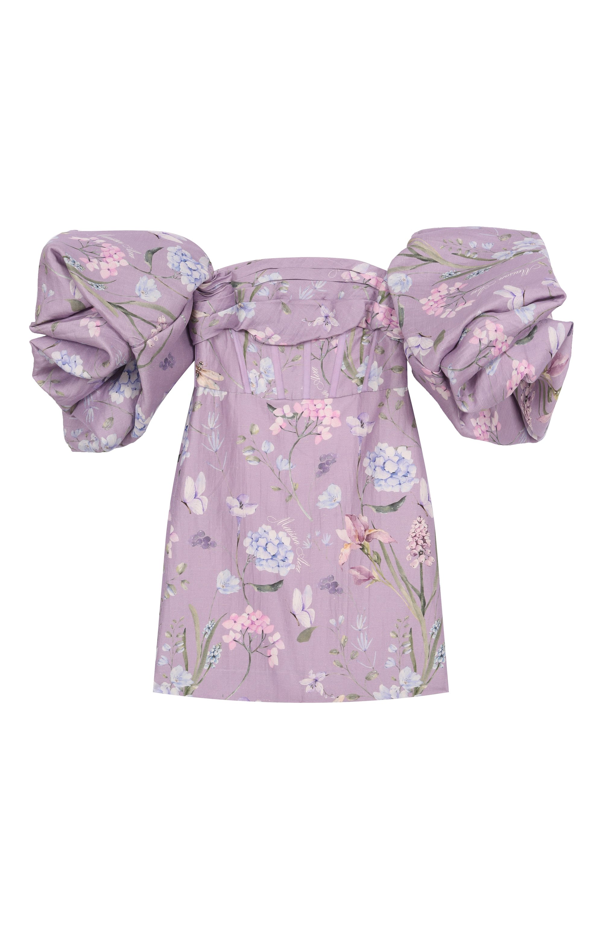 Платье из вискозы и льна MAISON AVA сиреневого цвета по цене 52750 руб., арт. MA-SS25-GT01/6-10, фото 1 Платье из вискозы и льна MAISON AVA, арт. MA-SS25-GT01/6-10, фото 1