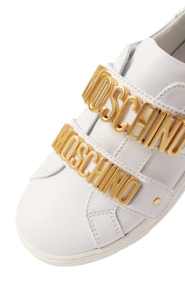 Детские кожаные кеды MOSCHINO белого цвета, арт. 80592/VAR2/28-35 | Фото 5 (Материал внутренний: Натуральная кожа; Нос: Не проставлено; Материал внешний: Натуральная кожа; Девочки Кросс-КТ: Обувь-низкие; Кросс-КТ: велькро; Автоматизация состава: Проставлено)