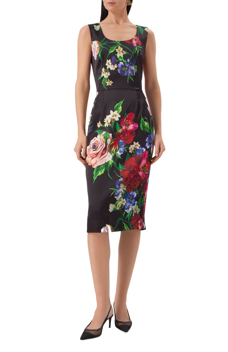 Женское атласное платье DOLCE & GABBANA черного цвета, арт. F6ZJ6T/FSIB5 | Фото 3 (Длина Ж (юбки, платья, шорты): Миди; Автоматизация ТО: Проставлено; Материал внешний: Вискоза; Автоматизация состава: Проставлено; Случай: Коктейльный; Женское Кросс-КТ: Платье-одежда, платье-футляр; Стили: Гламурный; Рукава: Без рукавов; Материал подклада: Шелк)