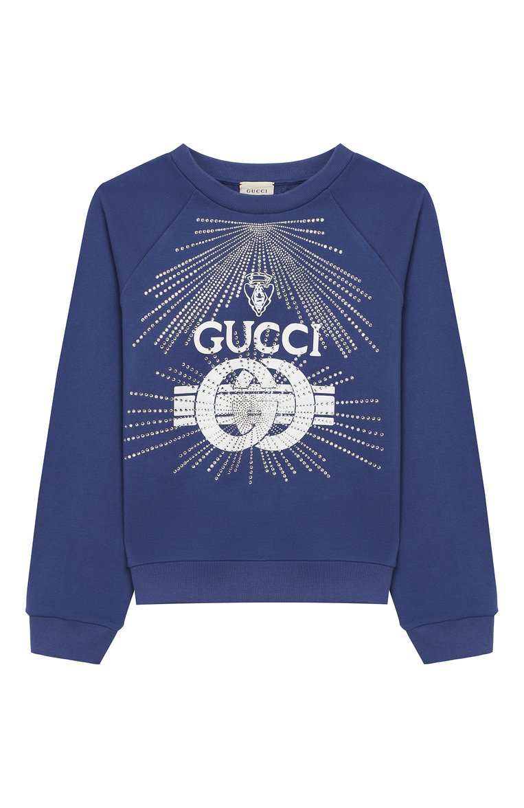 Мужского хлопковый свитшот GUCCI синего цвета, арт. 520441/X9X00 | Фото 1 (Региональные ограничения белый список (Axapta Mercury): Не проставлено; Принт: С принтом; �Нос: Не проставлено; Статус проверки: Проверено, Проверена категория; Мальчики Кросс-КТ: Свитшот-одежда; Материал сплава: Проверено; Ростовка одежда: 10 - 11 лет | 140 - 146см, 4 года | 104 см, 5 лет | 110 см, 6 лет | 116 см, 8 лет | 128 см)