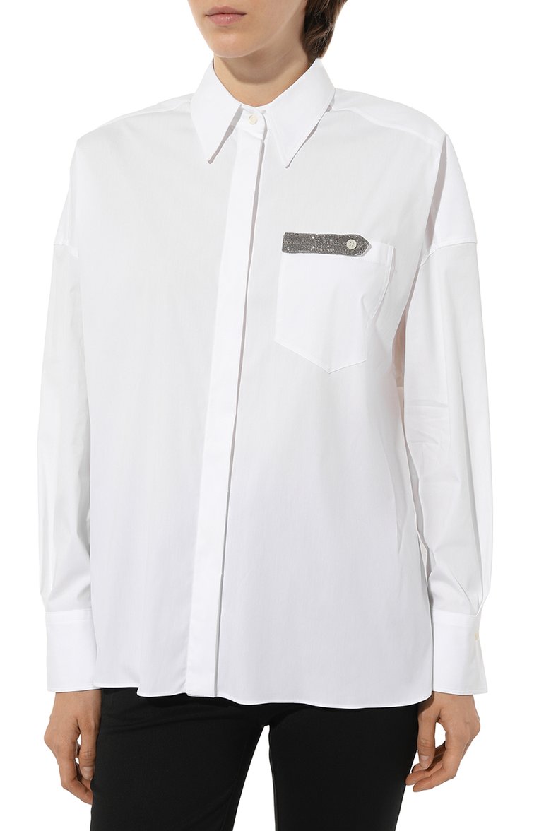 Женская хлопковая рубашка BRUNELLO CUCINELLI белого цвета, арт. M0091B1262 | Фото 3 (Рукава: Длинные; Длина (для топов): Удлиненные; Материал внешний: Хлопок; Женское Кросс-КТ: Рубашка-одежда; Принт: Без принта; Стили: Кэжуэл; Автоматизация ТО: Проставлено; Автоматизация состава: Проставлено)