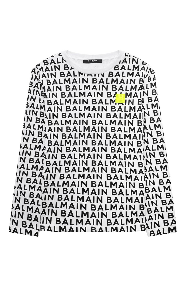 Детский хлопковый свитшот BALMAIN черно-белого цвета, арт. BU4P90 | Фото 1 (Рукава: Длинные; Материал сплава: Проставлено; Материал внешний: Хлопок; Драгоценные камни: Проставлено; Мальчики Кросс-КТ: Свитшот-одежда; Ростовка одежда: 8 лет | 128 см, 13 - 15 лет | 158 см, 16 лет | 164 см, 10 - 11 лет | 140 - 146см, 12 лет | 152 см, 6 лет | 116 см)