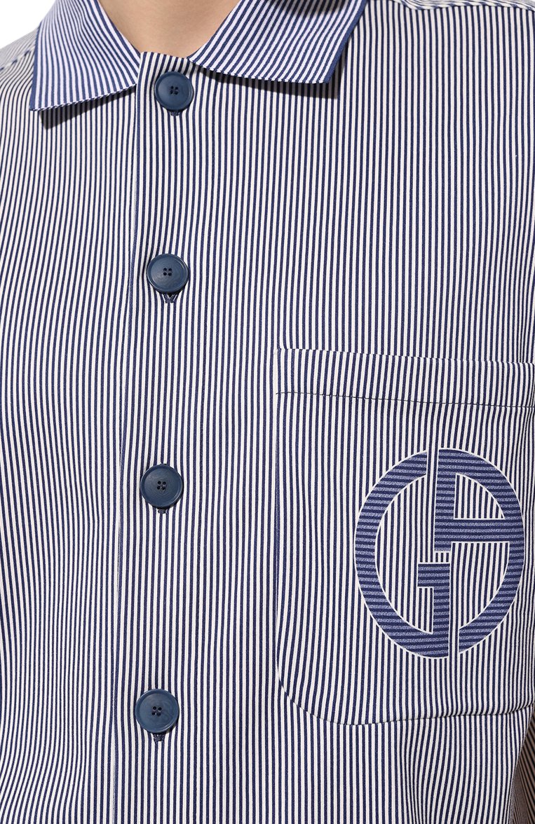 Мужская хлопковая рубашка GIORGIO ARMANI синего цвета, арт. 6RSC50/SJBPZ | Фото 5 (Рукава: Короткие; Материал внешний: Хлопок; Длина (для топов): Стандартные; Принт: Полоска; Случай: Повседневный; Воротник: Акула; Стили: Кэжуэл)