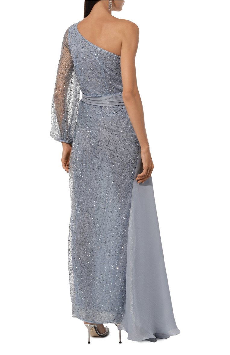 Женское платье с отделкой пайетками SPERANZA COUTURE светло-голубого цвета, арт. SC031 | Фото 4 (Рукава: Длинные; Длина Ж (юбки, платья, шорты): Макси; Материал внешний: Синтетический материал; Женское Кросс-КТ: Платье-одежда; Случай: Вечерний; Стили: Гламурный)