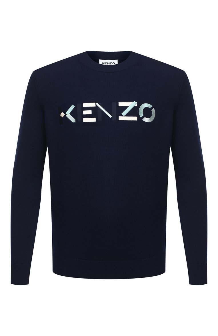 Мужской шерстяной джемпер KENZO темно-синего цвета, арт. FA65PU5413LA | Фото 1 (Материал внешний: Шерсть; Длина (для топов): Стандартные; Рукава: Длинные; Мужское Кросс-КТ: Джемперы; Стили: Кэжуэл; Вырез: Круглый; Принт: С принтом)