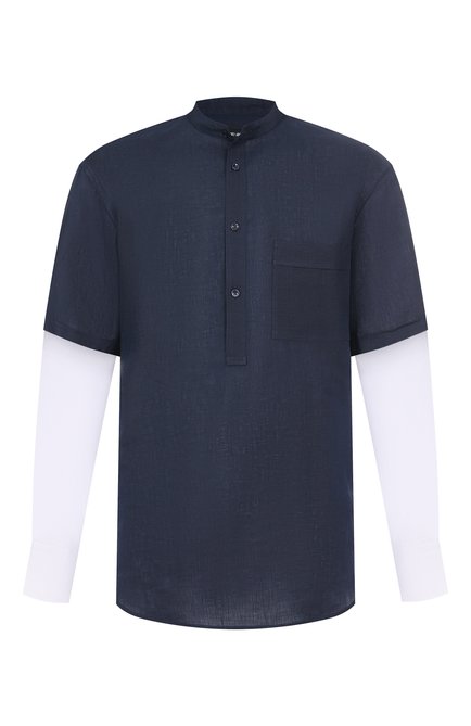 Мужская льняная рубашка GIORGIO ARMANI темно-синего цвета, арт. GM001396/TE11049 | Фото 1 (Материал сплава: Проставлено; Рукава: Длинные; Длина (для топов): Стандартные; Драгоценные камни: Проставлено; Материал внешний: Лен)