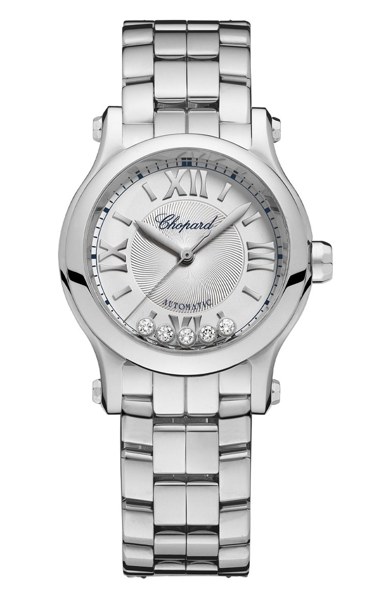 Женские часы happy sport CHOPARD бесцветного цвета, арт. 278573-3012 | Фото 1 (Материал корпуса: Сталь; Цвет циферблата: Белый; Механизм: Автомат; Региональные ограничения белый список (Axapta Mercury): Не проставлено; Нос: Не проставлено)