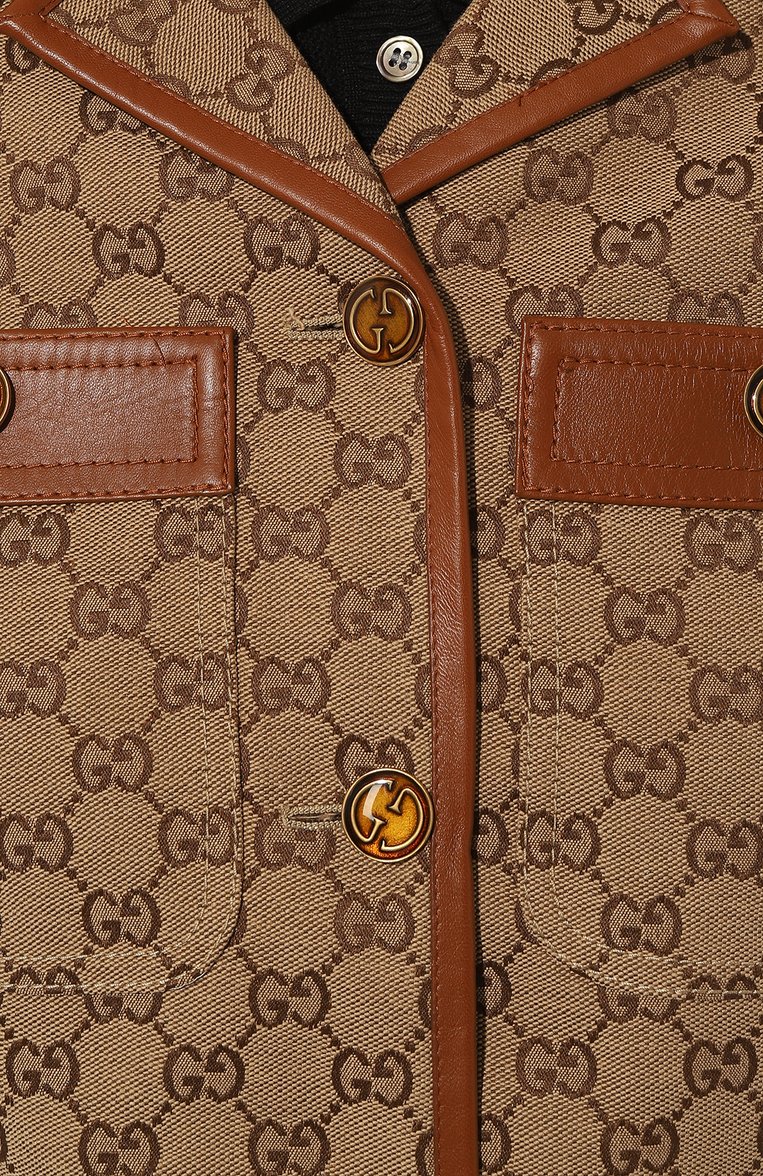 Женский жакет GUCCI бежевого цвета, арт. 682302 Z8AWR | Фото 5 (Материал внешний: Хлопок, Синтетический материал; Длина (для топов): Удлиненные; Рукава: Длинные; Стили: Гламурный; 1-2-бортные: Однобортные; Женское Кросс-КТ: Жакет-одежда; Случай: Повседневный; Драгоценные камни: Проставлено; Нос: Не проставлено; Материал сплава: Проставлено)