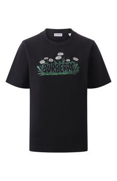 Женская хлопковая футболка BURBERRY черного цвета, арт. 8102403 | Фото 1 (Драгоценные камни: Проставлено; Длина (для топов): Стандартные; Материал сплава: Проставлено; Рукава: Короткие; Стили: Кэжуэл; Принт: С принтом; Материал внешний: Хлопок)