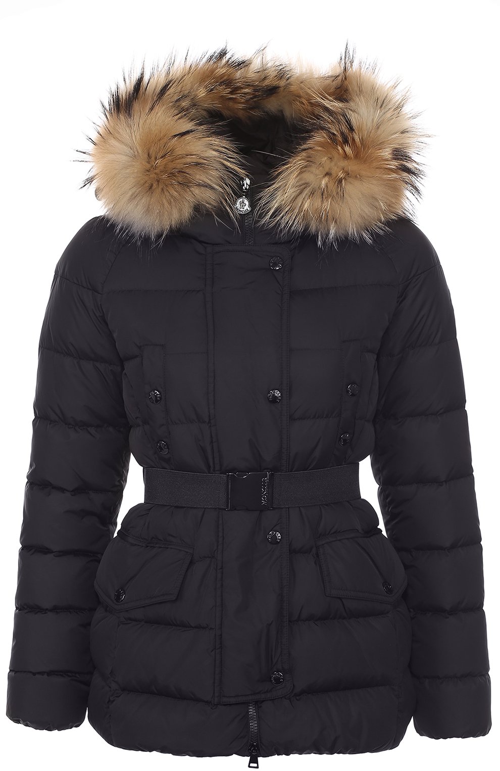 Стеганый пуховик с меховой отделкой капюшона и поясом MONCLER черного цвета по цене 183500 руб., арт. B2-093-46877-25-68065, фото 1 Стеганый пуховик с меховой отделкой капюшона и поясом MONCLER, арт. B2-093-46877-25-68065, фото 1
