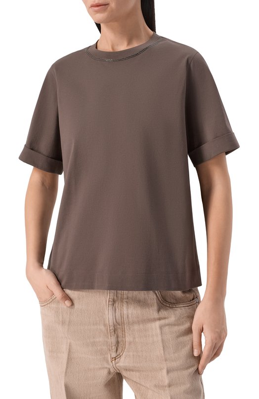 Хлопковая футболка Brunello Cucinelli M0T81BZ100 Коричневый  M0T81BZ100 Фото 3