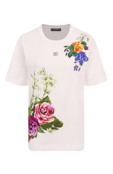 Женская хлопковая футболка DOLCE & GABBANA белого цвета, арт. F8U04T/GDCZT | Фото 1 (Материал внешний: Хлопок; Материал сплава: Проставлено; Длина (для топов): Стандартные; Рукава: Короткие; Драгоценные камни: Проставлено)