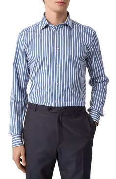 Мужская хлопковая рубашка ZEGNA темно-синего цвета, арт. 701526A7/9MS0JI | Фото 3 (Материал сплава: Проставлено; Материал внешний: Хлопок; Рукава: Длинные; Стили: Кэжуэл; Драгоценные камни: Проставлено; Длина (для топов): Стандартные; Рубашки М: Slim Fit; Воротник: Кент; Манжеты: На пуговицах; Принт: Полоска; Случай: Повседневный)