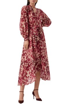 Женское платье из хлопка и шелка FORTE_FORTE бордового цвета, арт. 13631_MY DRESS | Фото 2 (Драгоценные камни: Проставлено; Длина Ж (юбки, платья, шорты): Миди; Материал сплава: Проставлено; Рукава: Длинные; Случай: Повседневный; Женское Кросс-КТ: Платье-одежда; Материал внешний: Хлопок)