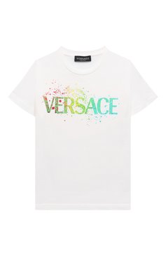 Детская хлопковая футболка VERSACE белого цвета, арт. 1000129/1A07224/8A-14A | Фото 1 (Рукава: Короткие; Материал сплава: Проставлено; Материал внешний: Хлопок; Мальчики Кросс-КТ: Футболка-одежда; Драгоценные камни: Проставлено)