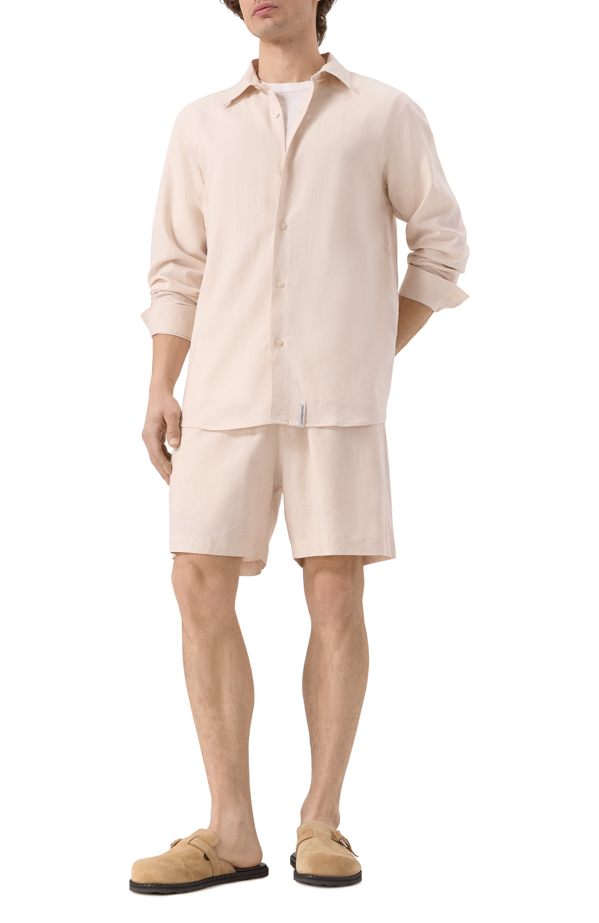 Рубашка изо льна и вискозы HINNOMINATE бежевого цвета по цене 17550 руб., арт. HMABM01347, фото 2 Рубашка изо льна и вискозы HINNOMINATE, арт. HMABM01347, фото 2