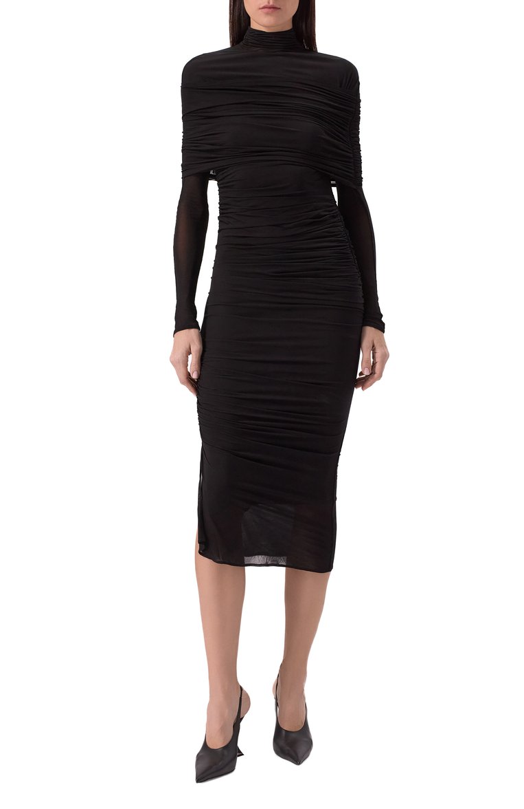 Женское платье из вискозы MUGLER черног�о цвета, арт. 25P3R016356011 | Фото 3 (Рукава: Длинные; Длина Ж (юбки, платья, шорты): Миди; Материал внешний: Вискоза; Женское Кросс-КТ: Платье-одежда; Стили: Кэжуэл; Случай: Коктейльный)