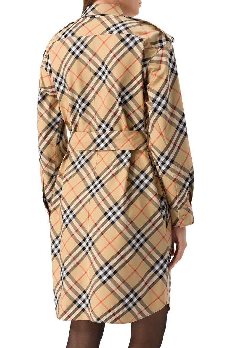 Женское хлопковое платье BURBERRY бежевого цвета, арт. 8086610 | Фото 4 (Материал внешний: Хлопок; Рукава: Длинные; Длина Ж (юбки, платья, шорты): До колена; Случай: Повседневный; Стили: Кэжуэл; Женское Кросс-КТ: Платье-одежда)