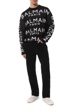 Мужской хлопковый джемпер BALMAIN черного цвета, арт. AH1KE010/KE07 | Фото 2 (Мужское Кросс-КТ: Джемперы; Рукава: Длинные; Длина (для топов): Стандартные; Принт: С принтом; Материал сплава: Проставлено; Материал внешний: Хлопок; Драгоценные камни: Проставлено; Вырез: Круглый; Стили: Минимализм)