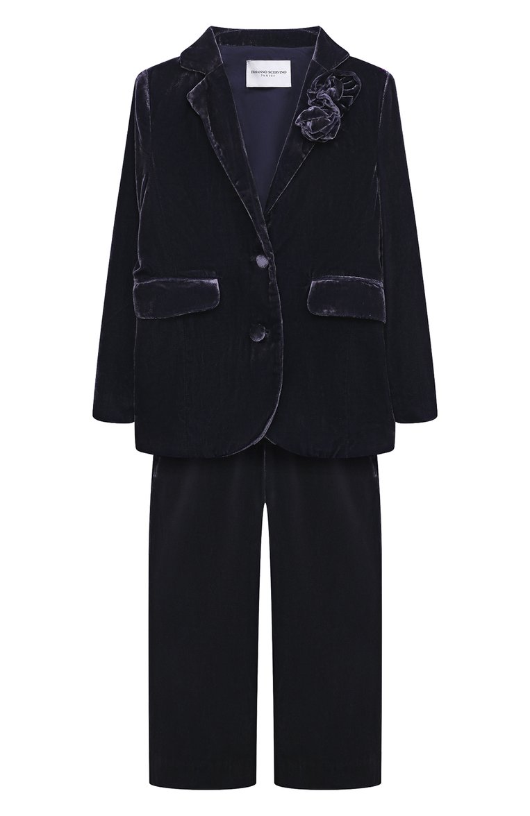 Детский костюм из вискозы ERMANNO SCERVINO темно-синего цвета, арт. SFCD001C/VE137/3A-8A | Фото 1 (Материал сплава: Проставлено; Рукава: Длинные; Материал внешний: Вискоза; Материал подклада: Вискоза; Драгоценные камни: Проставлено)