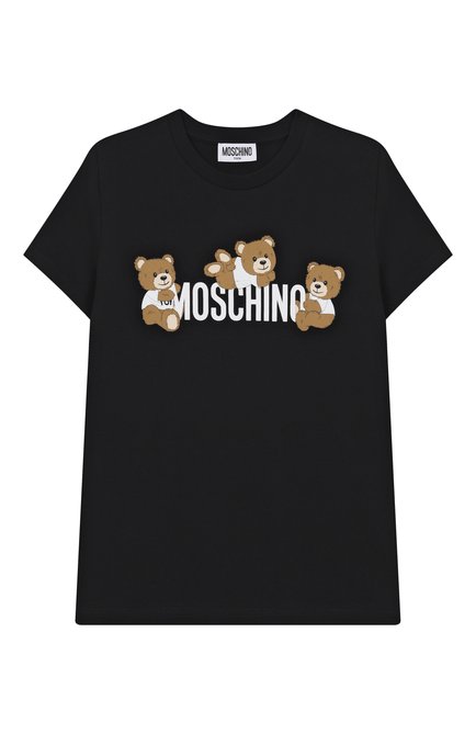 Детская хлопковая футболка MOSCHINO черного цвета, арт. HUM059/LAA23/10-14 | Фото 1 (Рукава: Короткие; Материал внешний: Хлопок; Драгоценные камни: Проставлено; Материал сплава: Проставлено)