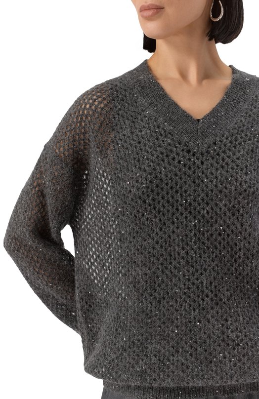 Пуловер из шерсти и хлопка Brunello Cucinelli MPS732412P Серый  MPS732412P Фото 5