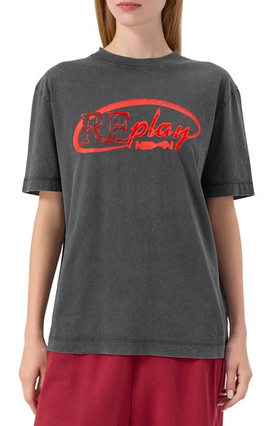 Хлопковая футболка REPLAY серого цвета по цене 8625 руб., арт. W3379C.000.22658LM, фото 3 Хлопковая футболка REPLAY, арт. W3379C.000.22658LM, фото 3
