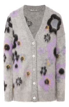 Женский кардиган MIU MIU серого цвета, арт. MMF252-1WVK-F0230 | Фото 1 (Длина (для топов): Удлиненные; Рукава: Длинные; Материал внешний: Шерсть; Женское Кросс-КТ: кардиган-трикотаж)