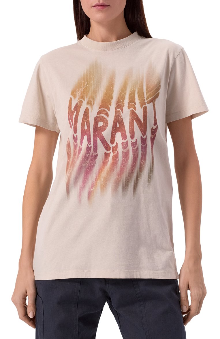 Женская хлопковая футболка ISABEL MARANT ETOILE бежевого цвета, арт. 25PTS0147FA-C1N07E | Фото 3 (Длина (для топов): Стандартные; Материал внешний: Хлопок; Рукава: Короткие; Принт: С принтом; Женское Кросс-КТ: Футболка-одежда; Стили: Кэжуэл)