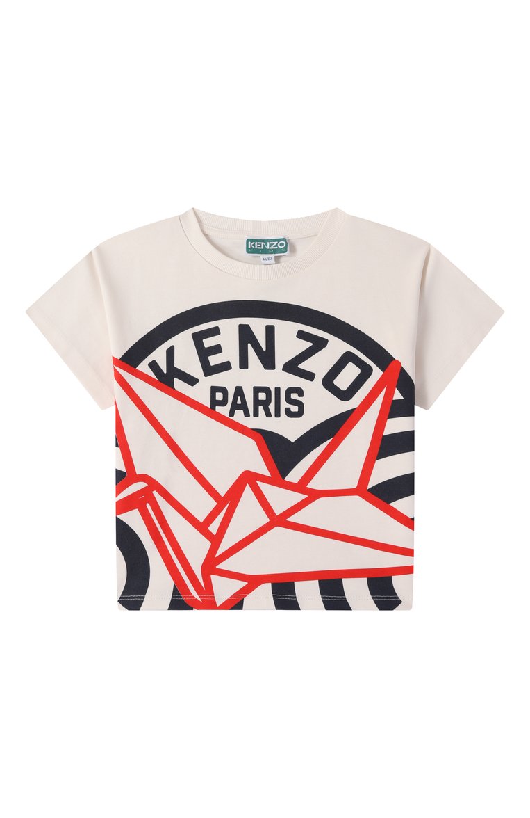 Детская хлопковая футболка KENZO кремового цвета, арт. K61166 | Фото 1 (Рукава: Короткие; Мальчики Кросс-КТ: Футболка-одежда; Материал внешний: Хлопок; Автоматизация ТО: Проставлено; Автоматизация состава: Проставлено; Ростовка одежда: 3 года | 98 см, 2 года | 92 см, 9 лет | 134 см, 12 лет | 152 см, 4 года | 104 см, 7 лет | 122 см, 5 лет | 110 см)
