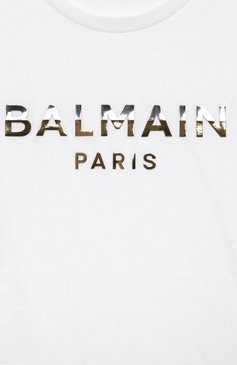 Детская хлопковая футболка BALMAIN белого цвета, арт. BU8R01 | Фото 3 (Девочки Кросс-КТ: футболка-одежда; Рукава: Короткие; Материал сплава: Проставлено; Материал внешний: Хлопок; Д�рагоценные камни: Проставлено; Ростовка одежда: 6 лет | 116 см, 8 лет | 128 см, 10 - 11 лет | 140 - 146см, 12 лет | 152 см, 16 лет | 164 см, 13 - 15 лет | 158 см)