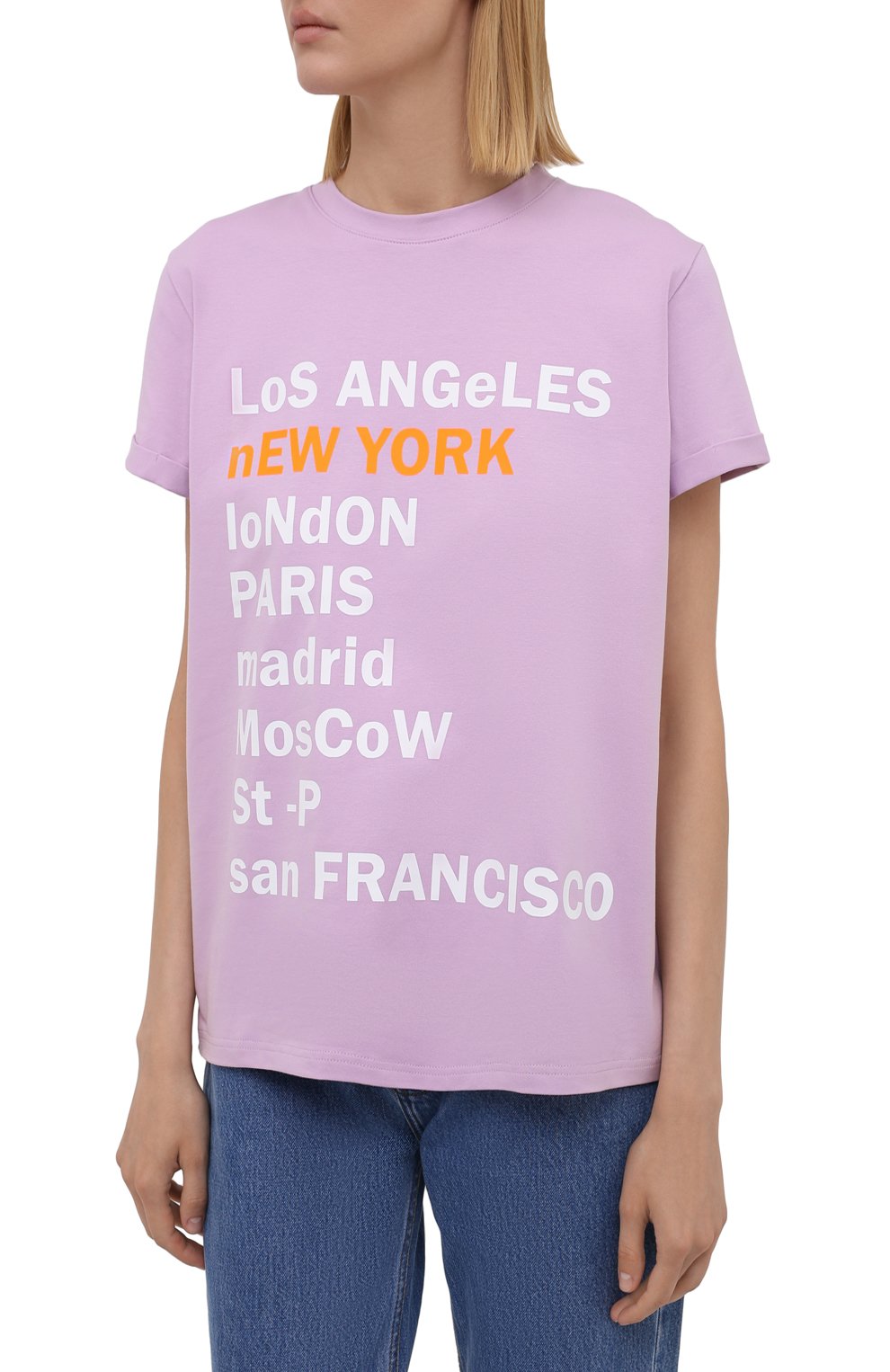 Хлопковая футболка SEVEN LAB сиреневого цвета по цене 7520 руб., арт. T21-nEW YORK GO lavender, фото 3 Хлопковая футболка SEVEN LAB, арт. T21-nEW YORK GO lavender, фото 3