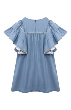 Детское джинсовое платье CHLOÉ голубого цвета, арт. C20070/14A | Фото 2 (Рукава: Короткие; Материал сплава: Проставлено; Материал подклада: Хлопок; Драгоценные камни: Проставлено; Материал внешний: Хлопок, Деним; Девочки Кросс-КТ: Платье-одежда; Случай: Повседневный; Ростовка одежда: 13 - 15 лет | 158 см)