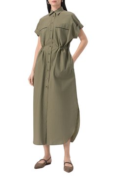 Женское хлопковое платье BRUNELLO CUCINELLI хаки цвета, арт. M0F79ARA51 | Фото 3 (Рукава: Короткие; Случай: Повседневный; Материал внешний: Хлопок; Стили: Милитари; Женское Кросс-КТ: Платье-одежда; Длина Ж (юбки, платья, шорты): Миди)