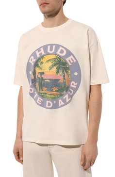 Мужская хлопковая футболка RHUDE кремового цвета, арт. RHPS24TT01012611 | Фото 3 (Рукава: Короткие; Материал сплава: Проставлено; Драгоценные камни: Проставлено; Материал внешний: Хлопок; Длина (для топов): Стандартные; Принт: С принтом; Стили: Спорт-шик; Мужское Кросс-КТ: Футболка-одежда; Кросс-КТ: Джерси)
