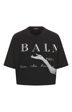 Женская хлопковая футболка BALMAIN черного цвета, арт. BF0EE020/GD17 | Фото 1 (Принт: С принтом; Материал сплава: Проставлено; Материал внешний: Хлопок; Женское Кросс-КТ: Футболка-одежда; Драгоценные камни: Проставлено; Длина (для топов): Укороченные; Рукава: 3/4; Стили: Кэжуэл)