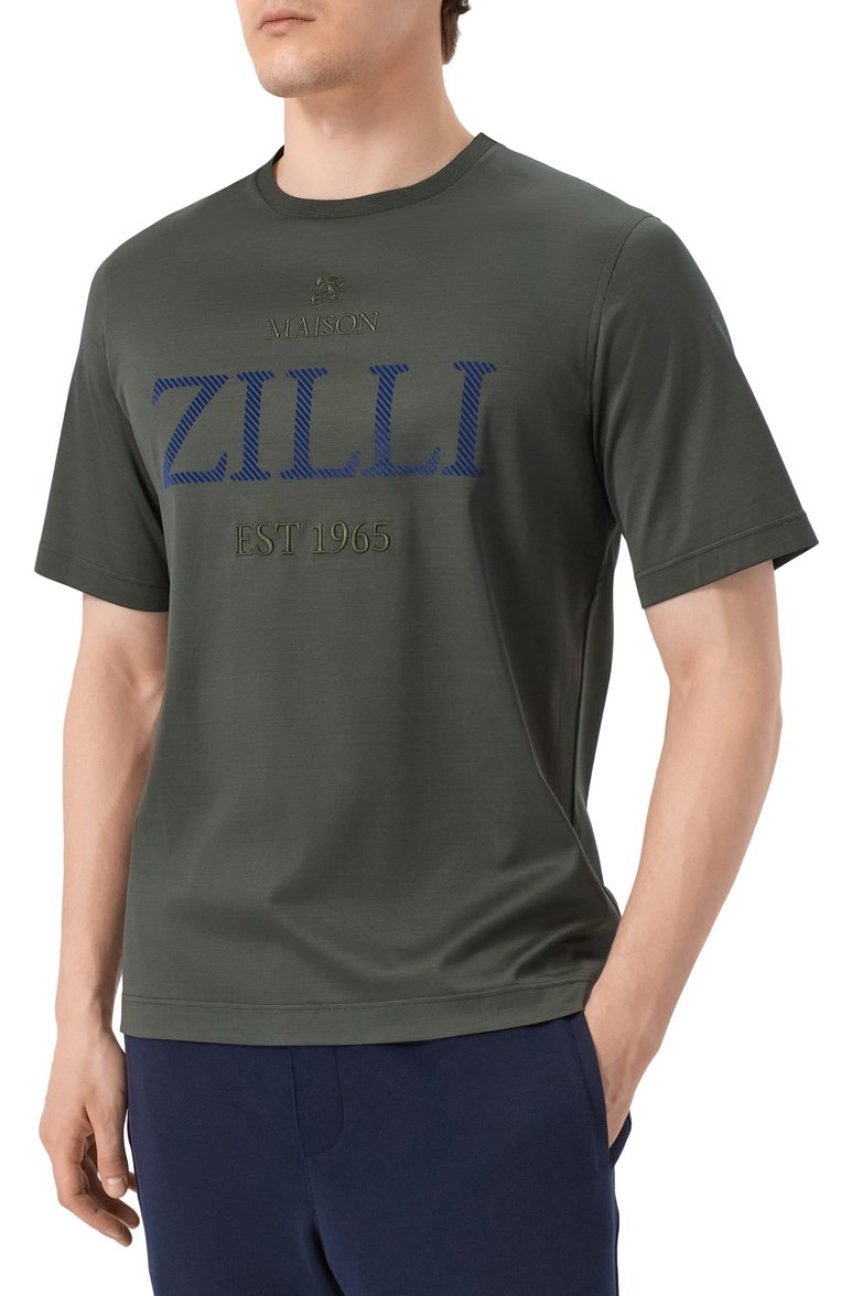 Мужская хлопковая футболка ZILLI темно-зеленого цвета, арт. TSR02AM0100VEST00 | Фото 3 (Материал внешний: Хлопок; Рукава: Короткие; Длина (для топов): Стандартные; Стили: Милитари, Кэжуэл; Мужское Кросс-КТ: Футболка-одежда; Принт: Без принта; Детали: Декор; Автоматизация ТО: Проставлено; Автоматизация состава: Проставлено)
